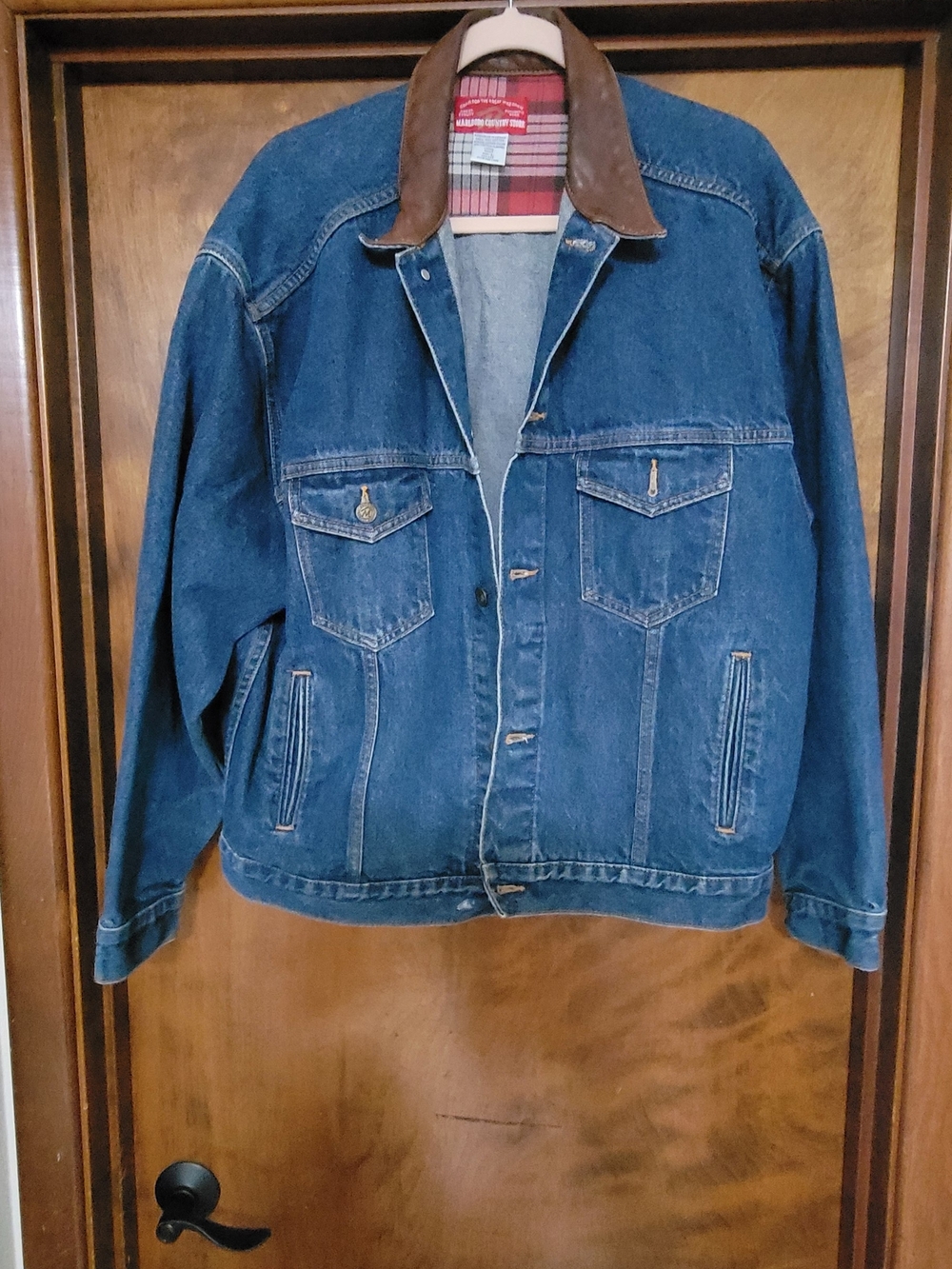 Marlboro Country Store Men's Blue Denim Jacket with Brown Leather Collar